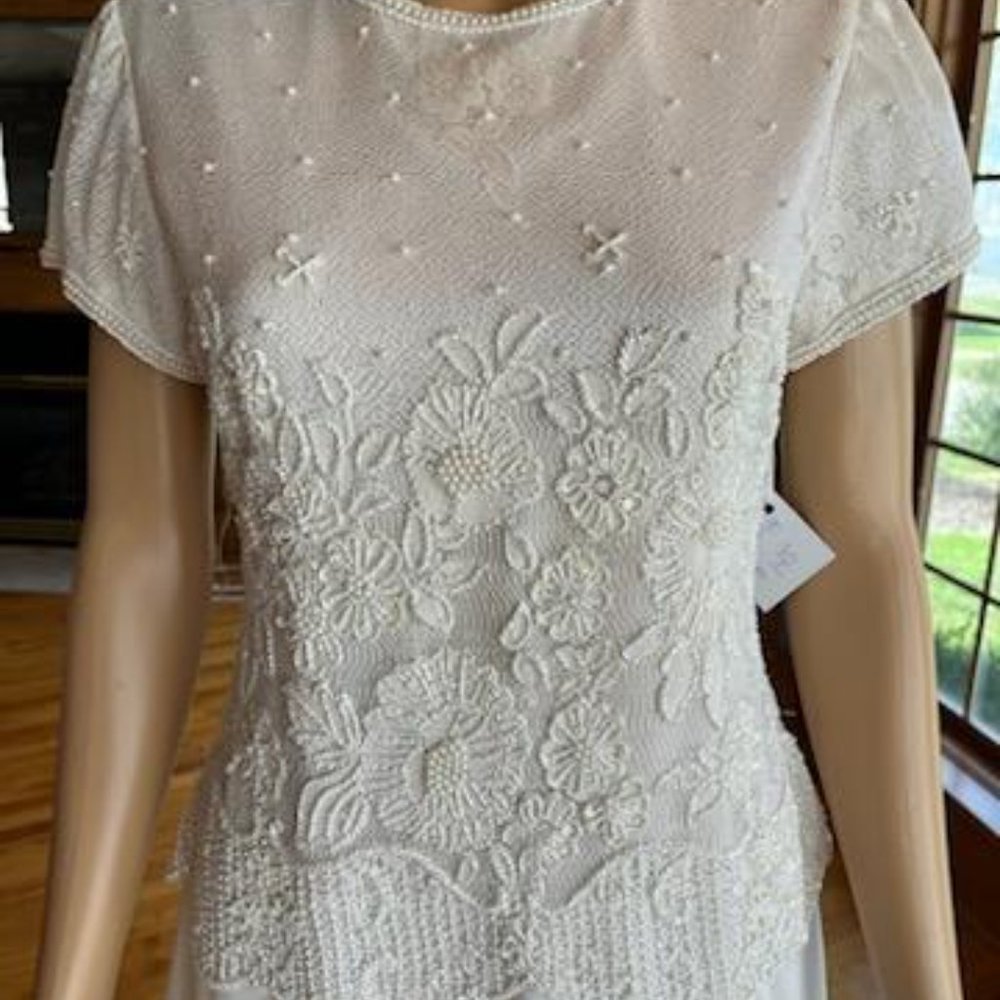 *Brilliant Ivory Short Sleeve Bead Lace Chiffon Wedding Dress Bridal Gown Size 4